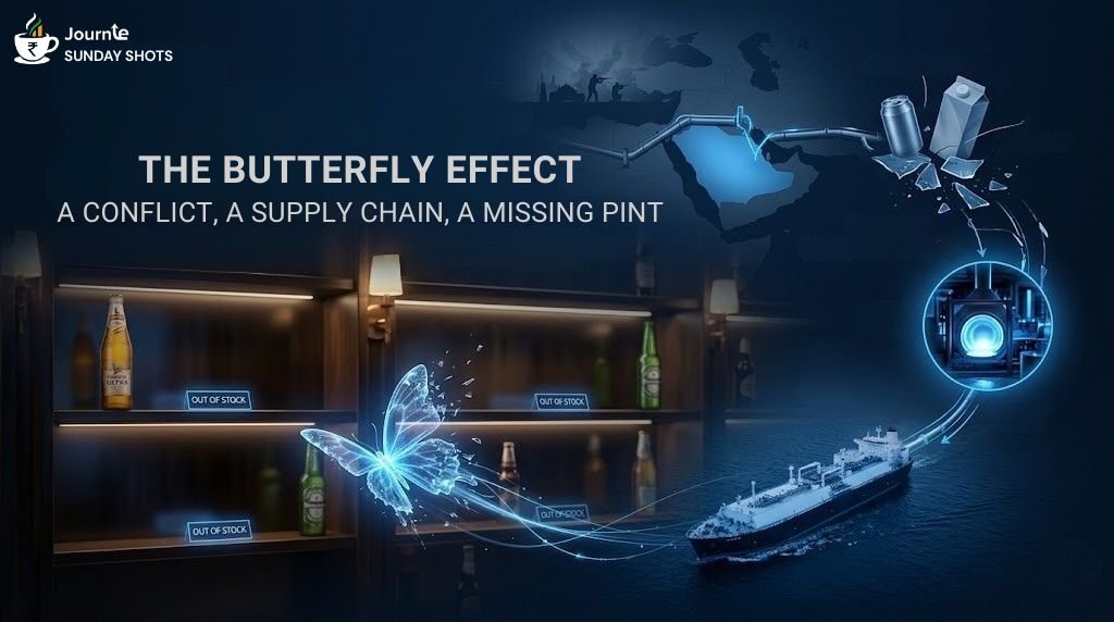 Infographic showing empty beer shelves and the broken glass supply chain from the Middle East to India. Sunday Shots.