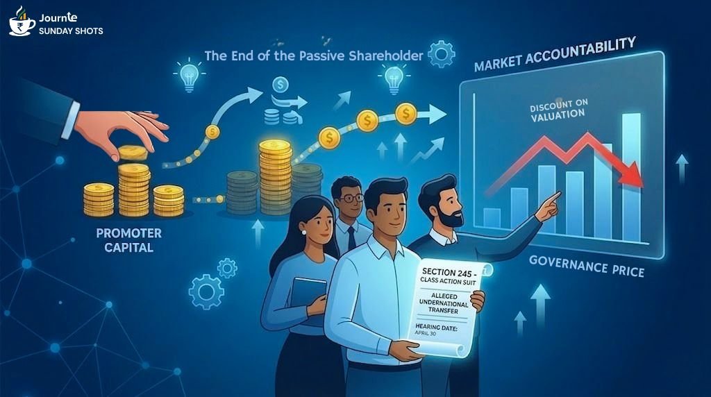 Illustration of Indian corporate governance showing a promoter moving capital and shareholders holding a Section 245 class action suit document to demand market accountability.