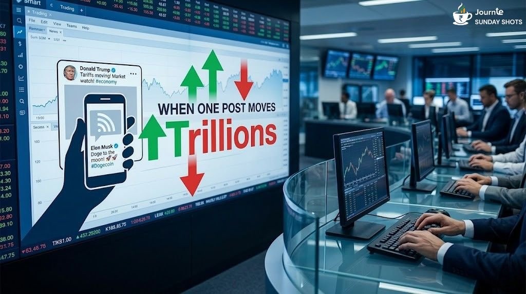 A wide-angle shot of a financial trading floor with multiple monitors. The central large screen displays a smartphone interface showing market-moving posts from Donald Trump regarding tariffs and Elon Musk regarding Dogecoin, flanked by large green and red arrows indicating trillions in market movement.