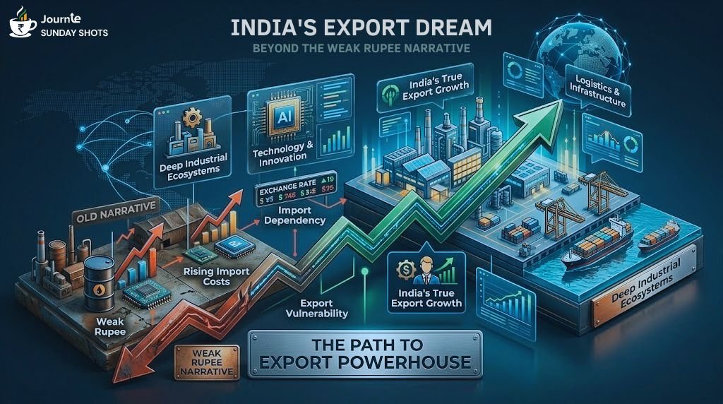 An isometric 3D macroeconomic infographic diagram with a clean, dark background titled "India's Export Powerhouse," illustrating the friction between import dependencies and structural export growth.