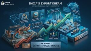 An isometric 3D macroeconomic infographic diagram with a clean, dark background titled "India's Export Powerhouse," illustrating the friction between import dependencies and structural export growth.