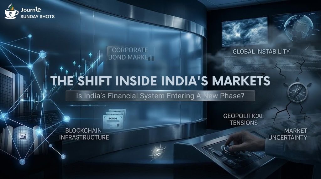 A high-tech financial control room display tracking the modernization of India's debt market alongside global instability events, designed for the Journie Sunday Shots macro-financial briefing.