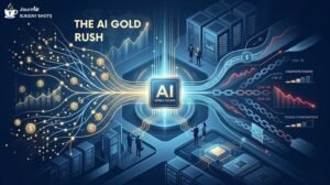 An infographic illustrating "The AI Gold Rush." It shows golden nodes flowing into a central "AI Intelligence" unit, connected to a rising trend graph on the left, and cost-related metrics like "Compute Power" (rising trend) and "Token Consumption" (diverging/falling trend) on the right.