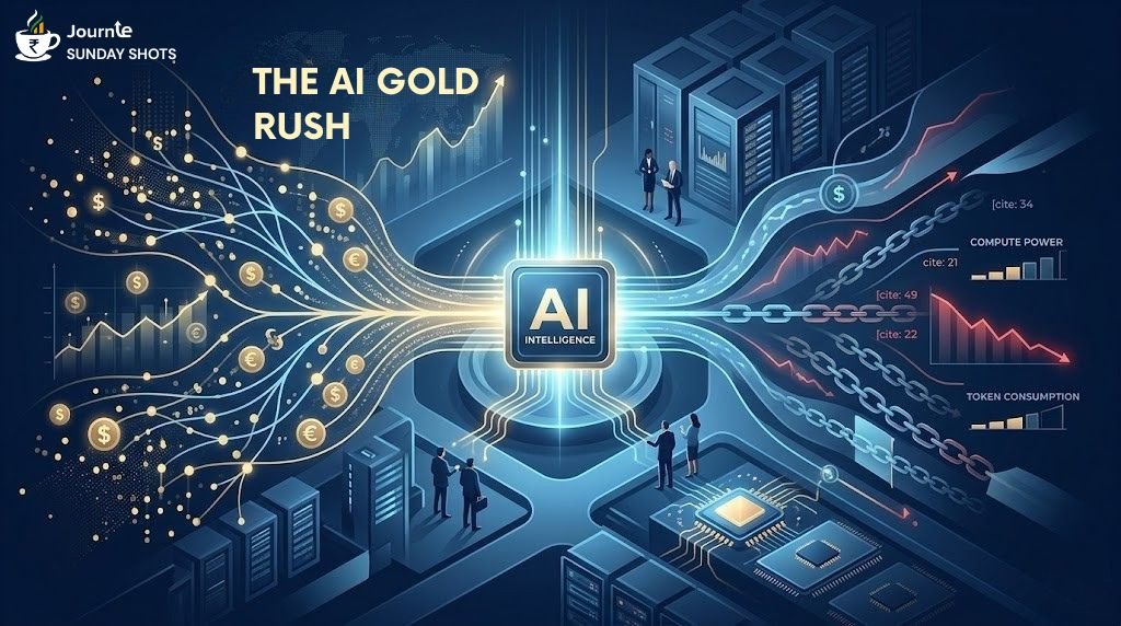 An infographic illustrating "The AI Gold Rush." It shows golden nodes flowing into a central "AI Intelligence" unit, connected to a rising trend graph on the left, and cost-related metrics like "Compute Power" (rising trend) and "Token Consumption" (diverging/falling trend) on the right.