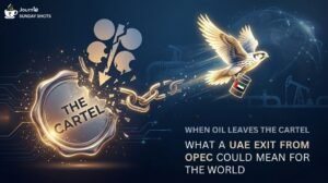 A conceptual macroeconomic image titled "When Oil Leaves the Cartel," featuring a golden falcon carrying an oil barrel with the UAE flag, flying away from a shattered silver seal labeled "The Cartel" and a broken OPEC+ logo. The background is a soft, dark blue with digital circuit patterns and a glowing globe, symbolizing a shift in global energy dynamics.