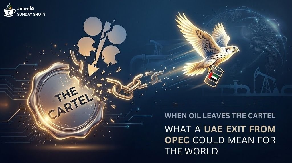 A conceptual macroeconomic image titled "When Oil Leaves the Cartel," featuring a golden falcon carrying an oil barrel with the UAE flag, flying away from a shattered silver seal labeled "The Cartel" and a broken OPEC+ logo. The background is a soft, dark blue with digital circuit patterns and a glowing globe, symbolizing a shift in global energy dynamics.