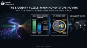 Infographic explaining India's liquidity puzzle in 2026, showing the credit-deposit growth mismatch, CFO strategy shift toward cash optionality, and global capital flows.