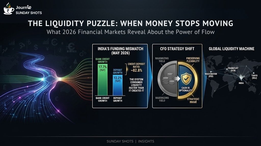 Infographic explaining India's liquidity puzzle in 2026, showing the credit-deposit growth mismatch, CFO strategy shift toward cash optionality, and global capital flows.