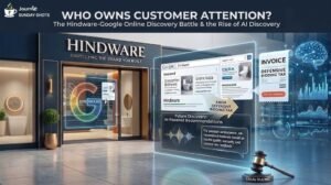 Minimalist modern retail store exterior with a digital glass display showing Google Ads defensive bidding search results for Hindware and an AI recommendation interface, including a legal gavel and Journie Sunday Shots branding.