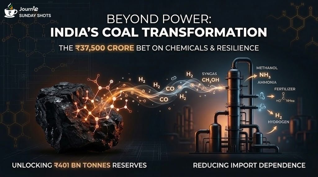 A widescreen infographic for Journie Sunday Shots featuring a large piece of raw black coal on the left radiating glowing molecular structures. The molecules flow as syngas (H2 and CO) into a dark, sleek industrial chemical refinery tower on the right. Text overlays read "Beyond Power: India's Coal Transformation," "The ₹37,500 Crore Bet on Chemicals & Resilience," "Unlocking ₹401 BN Tonnes Reserves," and "Reducing Import Dependence.