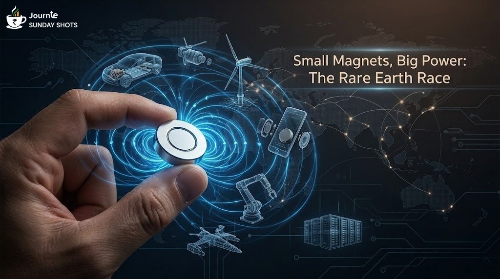 Infographic for Journie Sunday Shots titled Small Magnets, Big Power: The Rare Earth Race, depicting a hand holding a powerful rare earth magnet surrounded by magnetic field lines linking EVs, wind turbines, smartphones, and robotics.