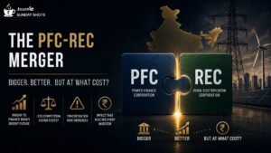 The PFC–REC merger illustrated with two interlocking puzzle pieces representing India's largest power finance institutions against a backdrop of power infrastructure and renewable energy, symbolising the trade-off between scale and competition.