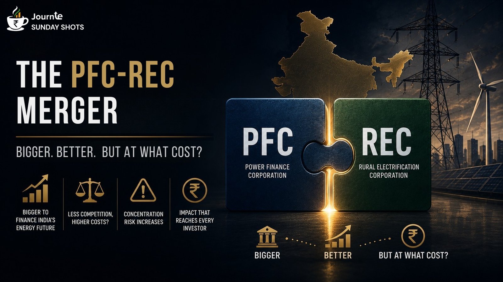 The PFC–REC merger illustrated with two interlocking puzzle pieces representing India's largest power finance institutions against a backdrop of power infrastructure and renewable energy, symbolising the trade-off between scale and competition.