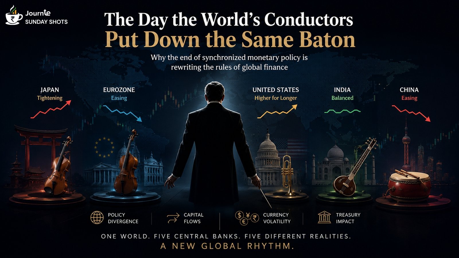 Illustration of a conductor leading five major economies—Japan, the Eurozone, the United States, India, and China—showing diverging central bank policies, currency movements, capital flows, and the changing rhythm of global monetary policy.