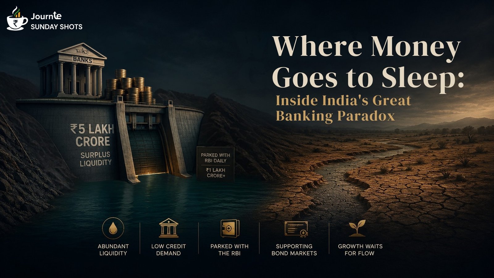 Illustration of India's surplus liquidity in the banking system showing money flowing from banks to the RBI instead of the real economy.