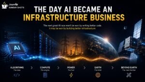 Illustration showing AI's evolution from software and semiconductors to data centres, power grids, Earth and orbital infrastructure, highlighting the future of AI infrastructure.