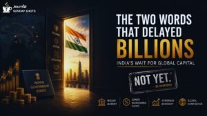 Illustration of an open doorway revealing India's future as global capital waits outside, symbolizing Bloomberg's delay in adding Indian government bonds to the Bloomberg Global Aggregate Index.
