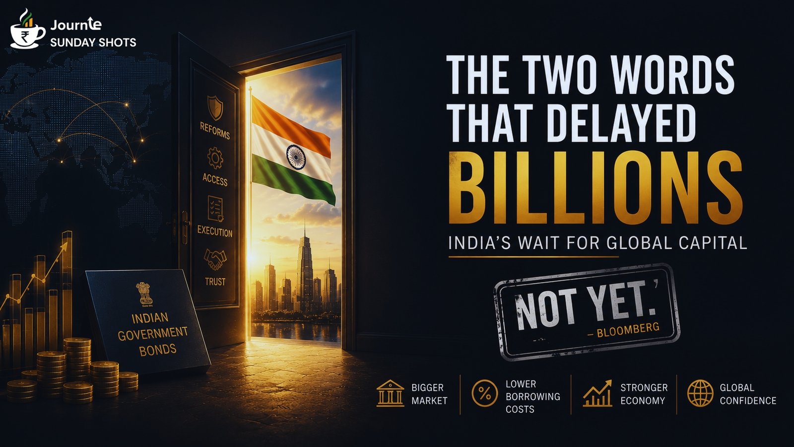 Illustration of an open doorway revealing India's future as global capital waits outside, symbolizing Bloomberg's delay in adding Indian government bonds to the Bloomberg Global Aggregate Index.