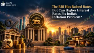 RBI rate hike and India's inflation problem, illustrated with the Reserve Bank of India building, rupee coins, percentage symbols and rising financial charts.