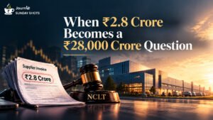 A ₹2.8 crore supplier invoice and legal gavel in front of a large industrial facility, illustrating corporate insolvency risk.